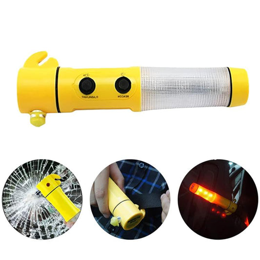Yellow emergency LED flashlight with silver textured barrel and black side buttons
