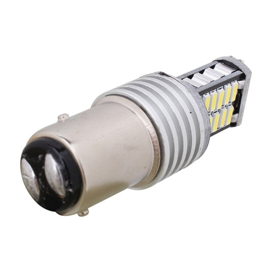 LED car bulb with black front lens and silver ribbed metal housing, white LED chips