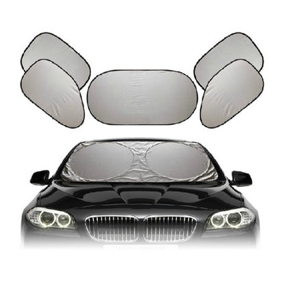 Car sun shade set with five silver coated cloth panels for front windshield and side windows