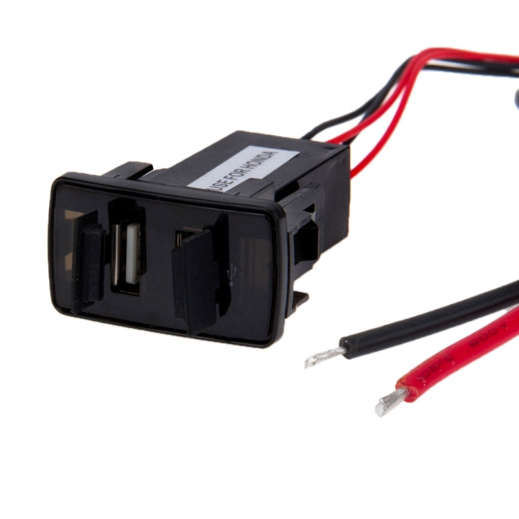 Black USB car charger adapter with two cable leads and red/black wire ends