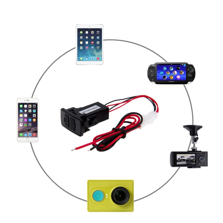 Dual USB car charger adapter kit with wiring shown for device charging accessories