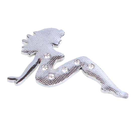 Silver rhinestone metal girl badge, chrome-look studded silhouette