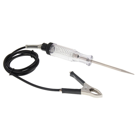 DC circuit tester pen with clear body, pointed probe, and black alligator clip lead