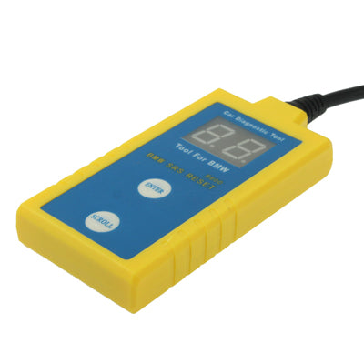 Yellow airbag scan/reset diagnostic tool with blue display screen