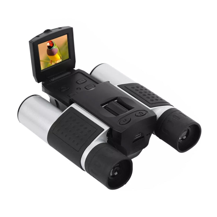 Black and silver binocular digital telescope with open LCD screen and dual eyepieces
