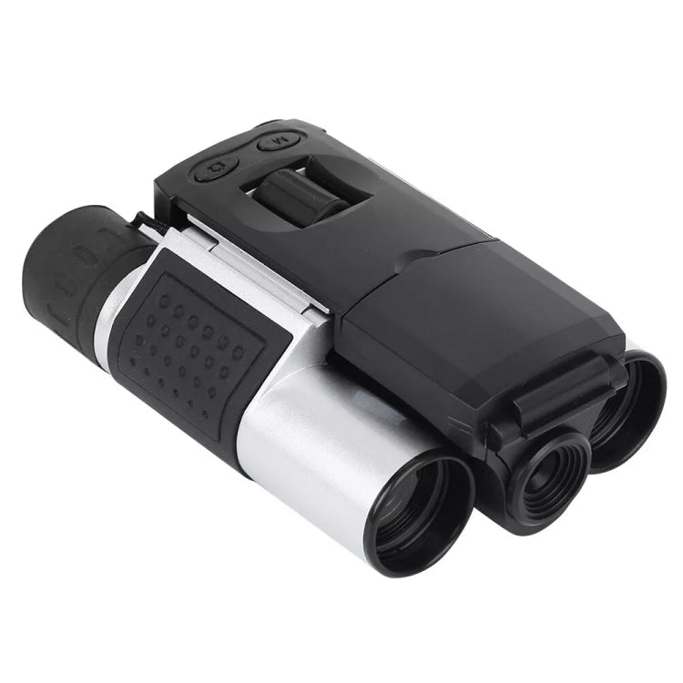 Binocular digital telescope with silver barrels, black controls, and folded LCD screen