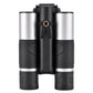Binocular digital telescope with two silver barrels and central tripod mount