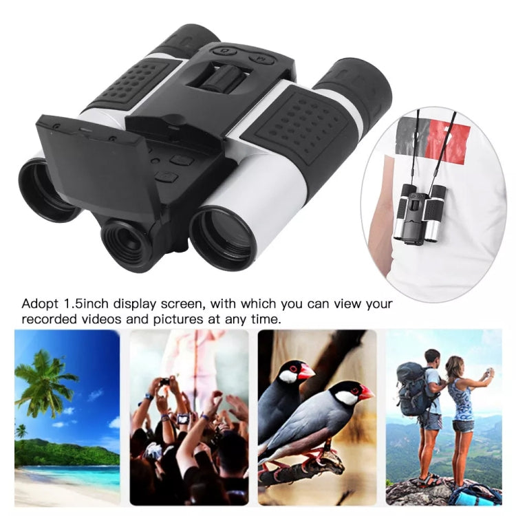 Binocular digital telescope with hinged LCD screen and rubber grip eyecups
