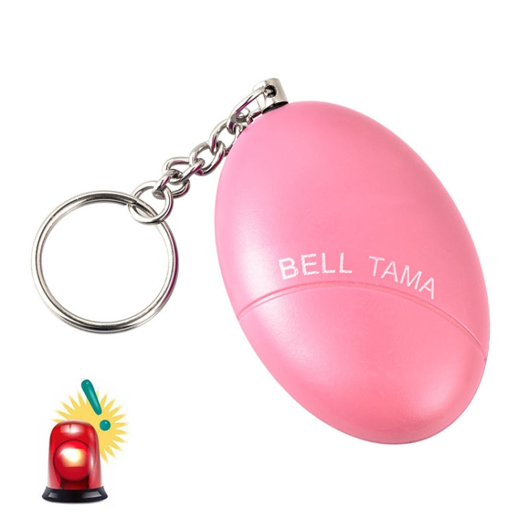 Pink oval personal alarm keychain with metal chain, key ring, and BELL TAMA text