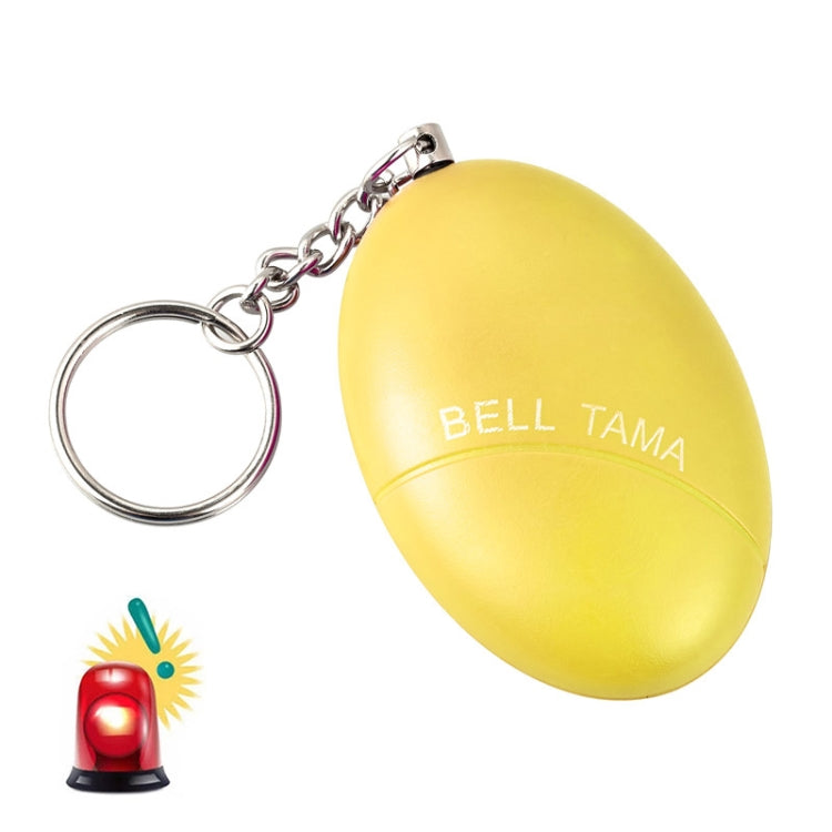Yellow oval personal alarm keychain with metal chain, key ring, and BELL TAMA text