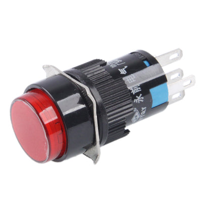 Red round push switch with translucent cap and side metal mounting tabs
