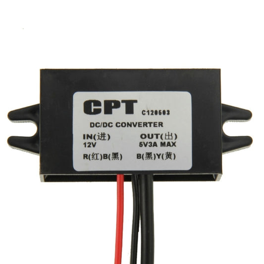 DC/DC converter module labeled CPT C120603 with red and black output leads