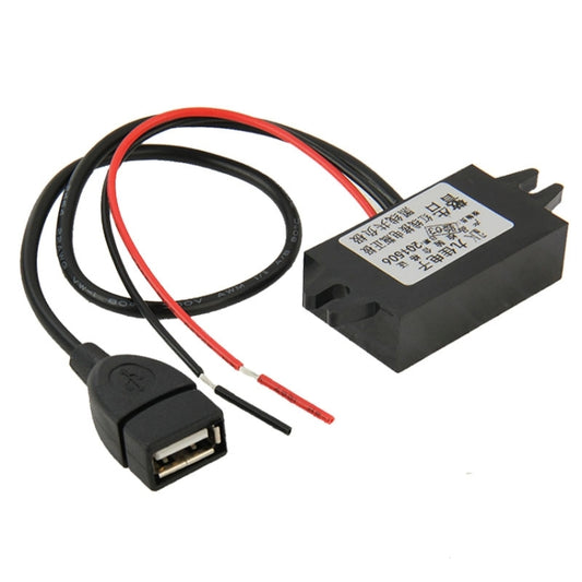 USB car power step-down DC-DC converter module with wiring harness, black housing
