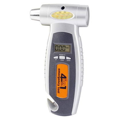 4-in-1 emergency digital tire gauge tool, silver body with orange display screen