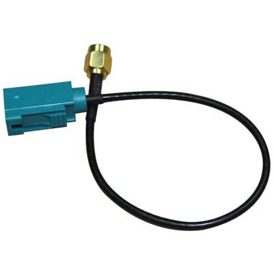 Fakra Z female to RP-SMA male adapter cable, teal Fakra connector and brass RP-SMA end on black cord