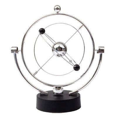 Kinetic orbital desk toy with chrome orbit ring and black pedestal base