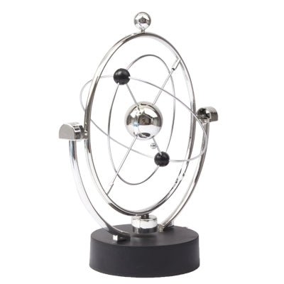 Kinetic orbital desk toy in chrome with layered orbit loops and black base