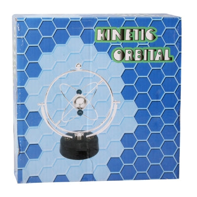 Kinetic orbital desk toy retail box with blue hexagon design and product image