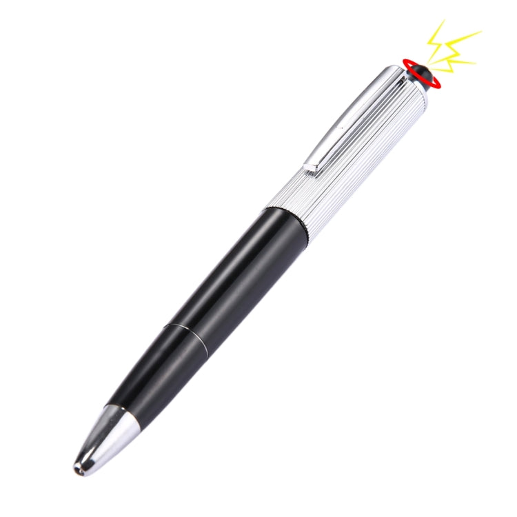 Black and silver electric prank pen toy with pointed tip and ribbed grip section.