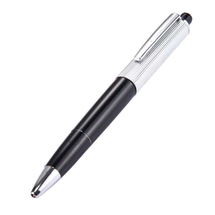 Black and silver prank pen toy with ribbed barrel and pointed chrome tip.