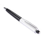 Black and silver prank pen toy, side view with silver metal tip end.