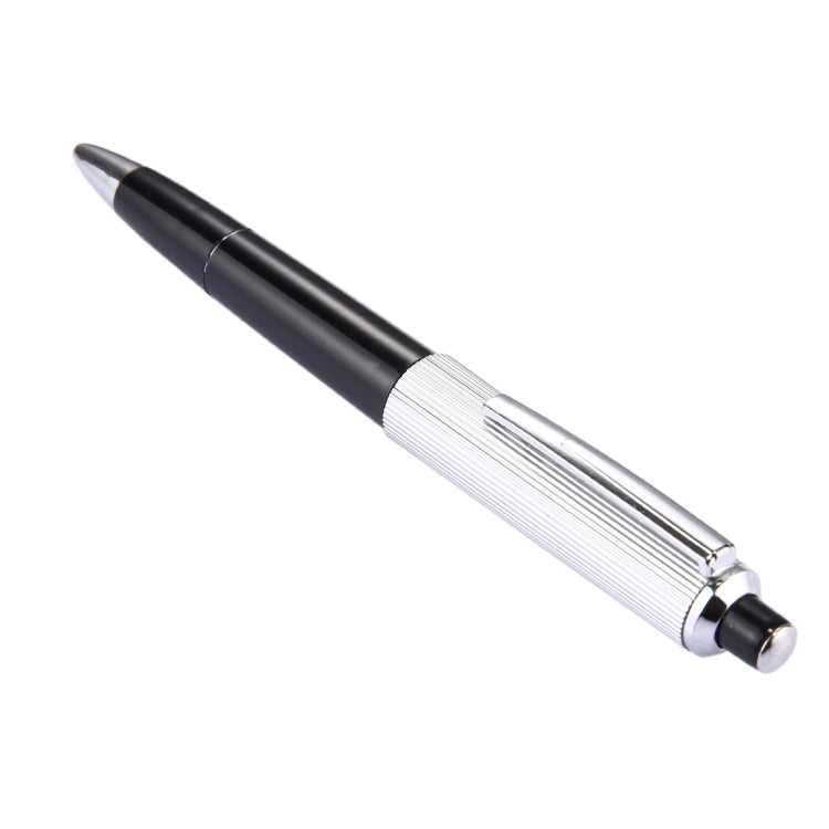 Black and silver prank pen toy, side view with silver metal tip end.