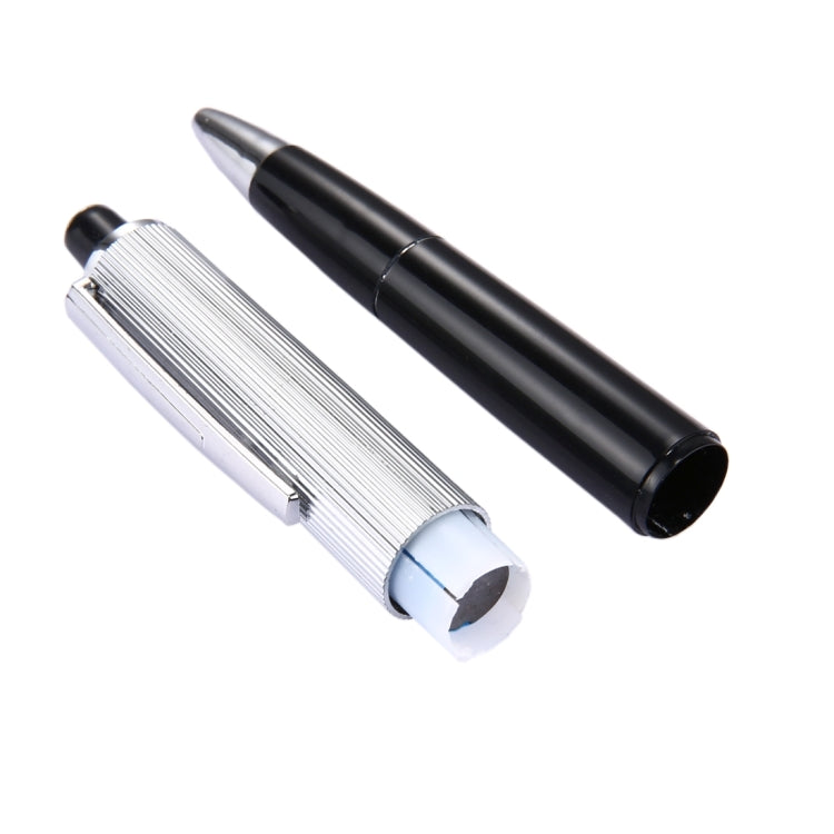 Two-tone prank pen toy shown with silver end cap and black body.
