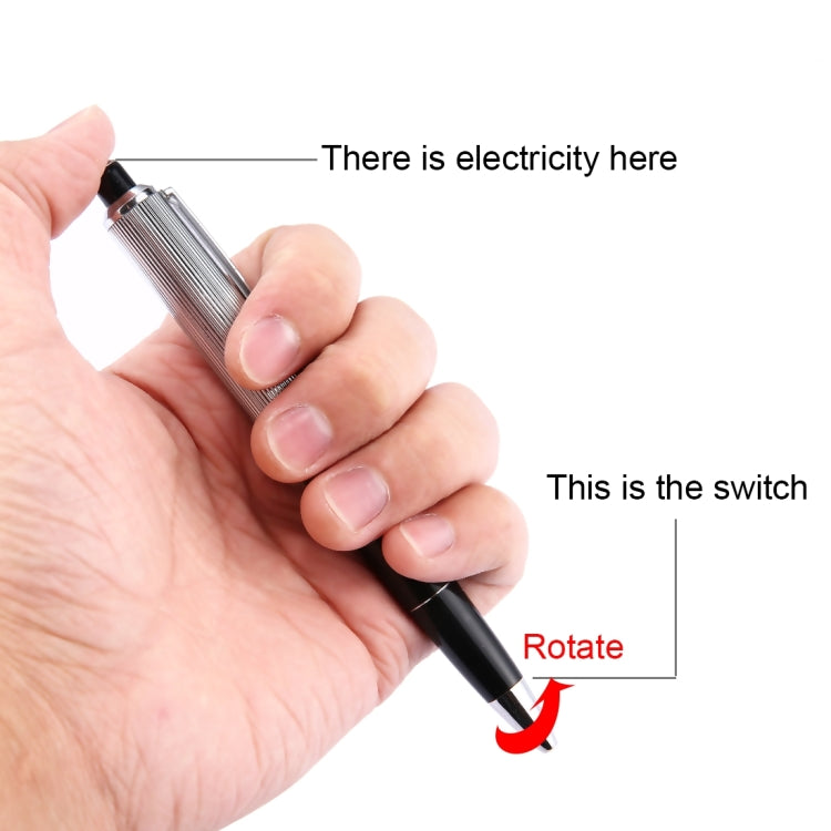 Hand-held black and silver novelty prank pen toy with rotating switch section.