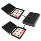 Black hinged magic card case set, open with red heart playing cards and closed box