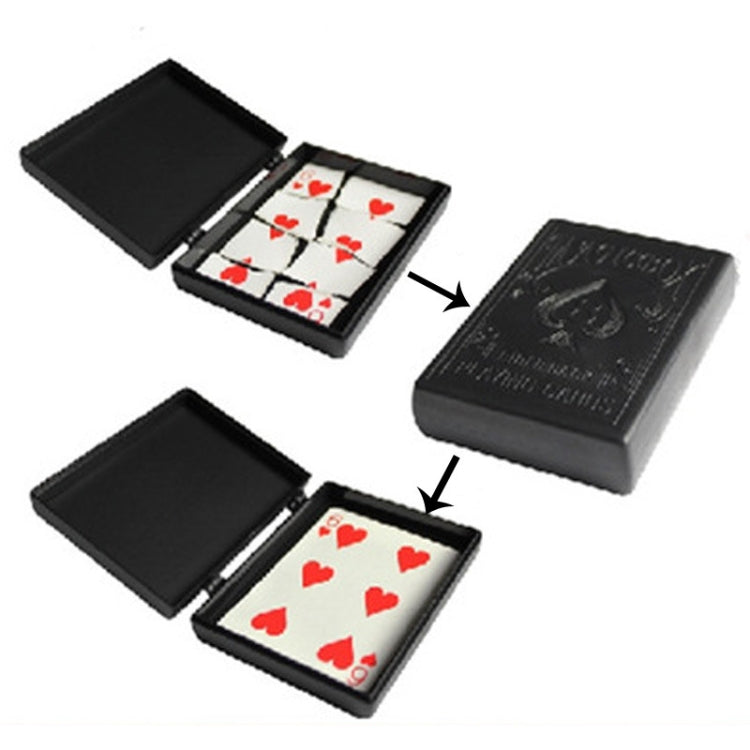 Black hinged magic card case set, open with red heart playing cards and closed box