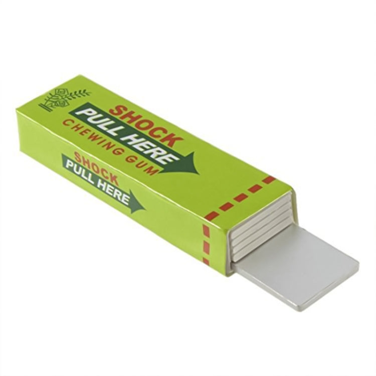 Green shock chewing gum toy box with Pull Here tab and gray dispenser tray