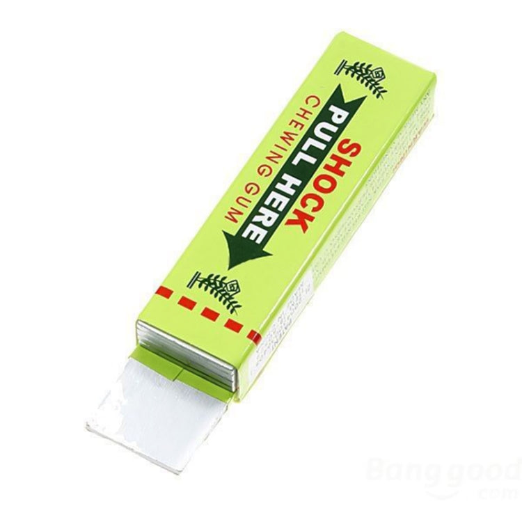 Green shock chewing gum toy with Pull Here tab and visible gum strip end