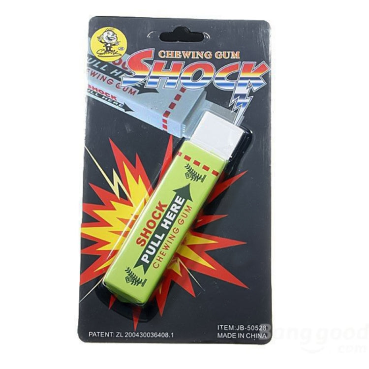 Blister-pack shock chewing gum toy with green pull-tab chewing gum