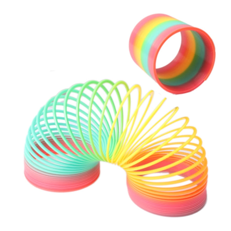 Rainbow spring coil ring toy with open curled ends, multicolor bands