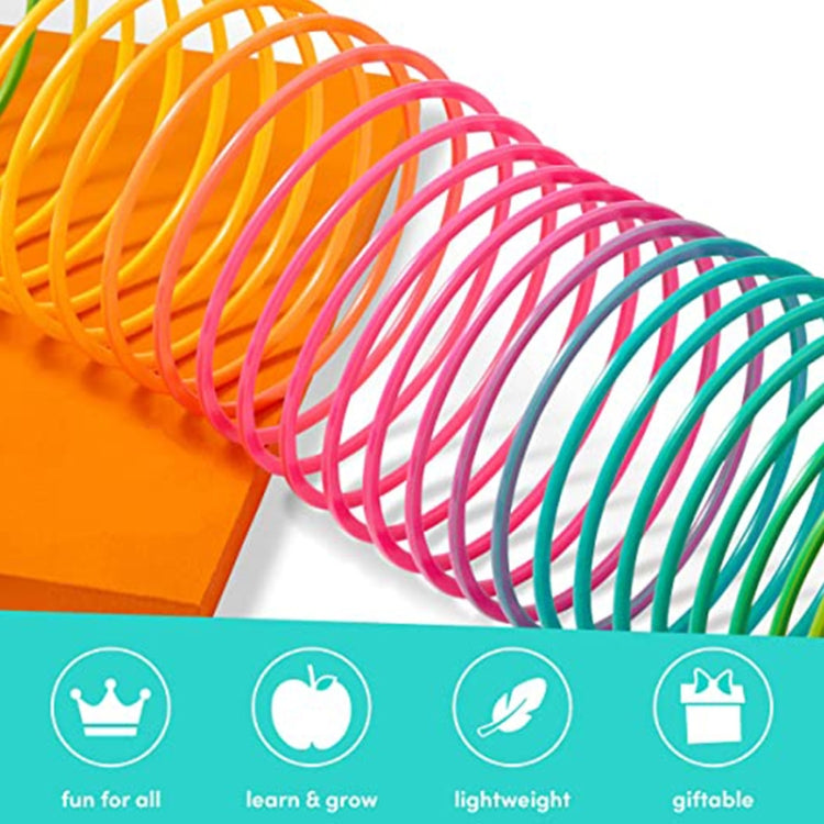 Close-up of multicolor plastic spring coil ring, orange, pink, teal, and green bands