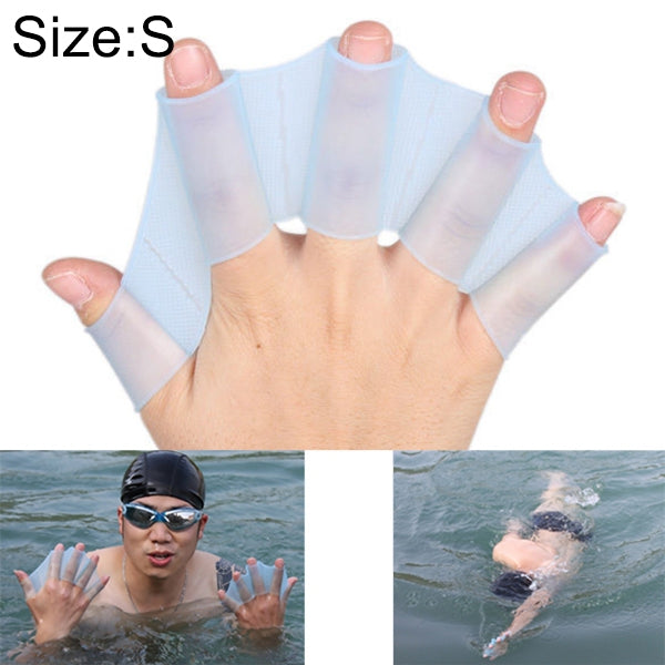 Silicone webbed hand flippers with open-finger design, translucent blue, size S