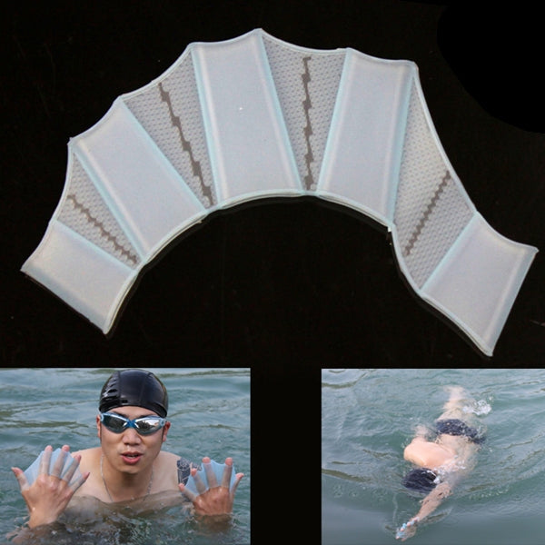 Silicone webbed hand flippers with textured webbing, translucent white, size S