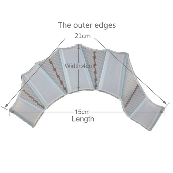 Silicone webbed hand flippers sizing diagram with width and length labels, size S