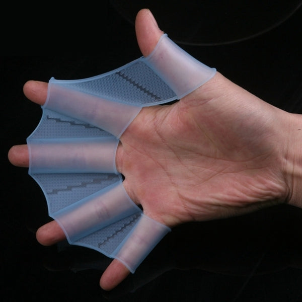 Silicone webbed hand flippers for training, translucent blue with open-finger straps