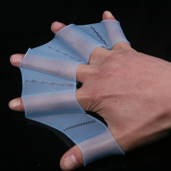 Silicone webbed hand flippers on hand, translucent light blue open-finger design
