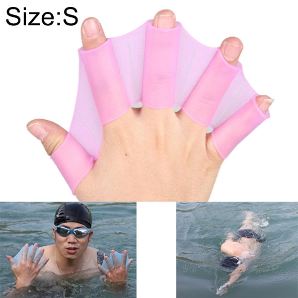 Silicone webbed hand flippers with open-finger design, translucent pink, size S