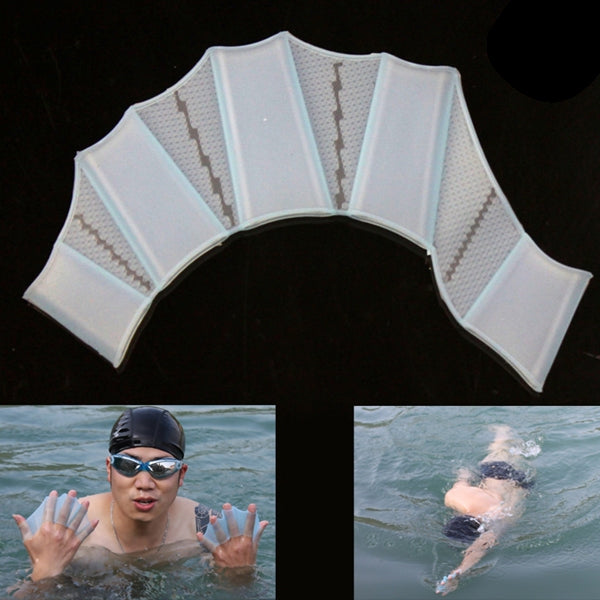 Light blue silicone swim web fin hand flippers, training glove style, size L