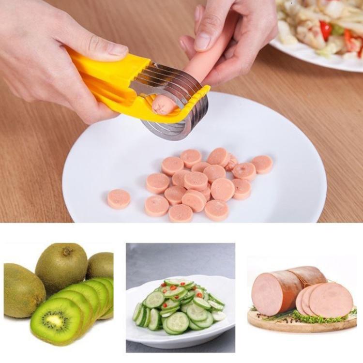 Yellow banana slicer producing even slices with stainless steel blade rings on a plate