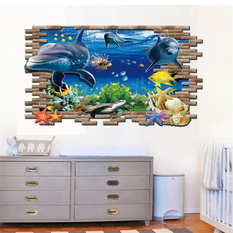Underwater World wall sticker with dolphins, sharks, fish, starfish, and sea plants in a frame