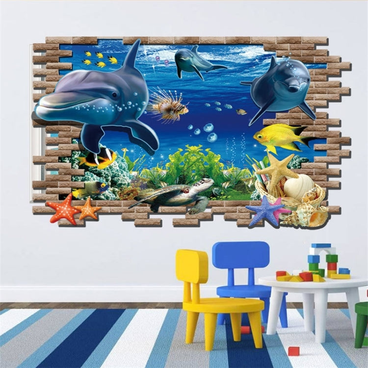 Underwater World wall sticker with dolphins, sharks, fish, starfish, and coral undersea scene