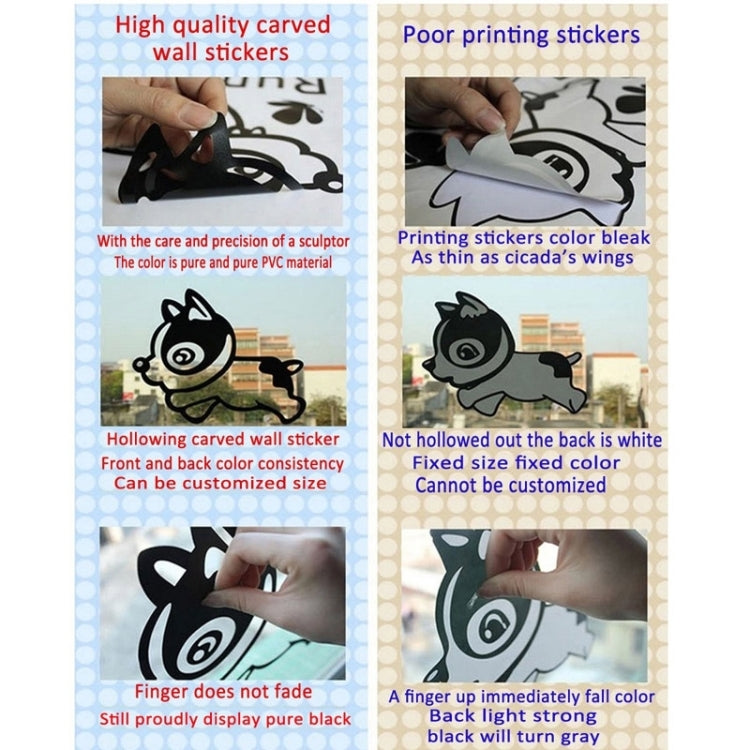 Wall sticker quality comparison panel showing cut-out finish and printing results