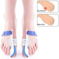 Night bunion splints with blue wrap straps and white toe supports on feet