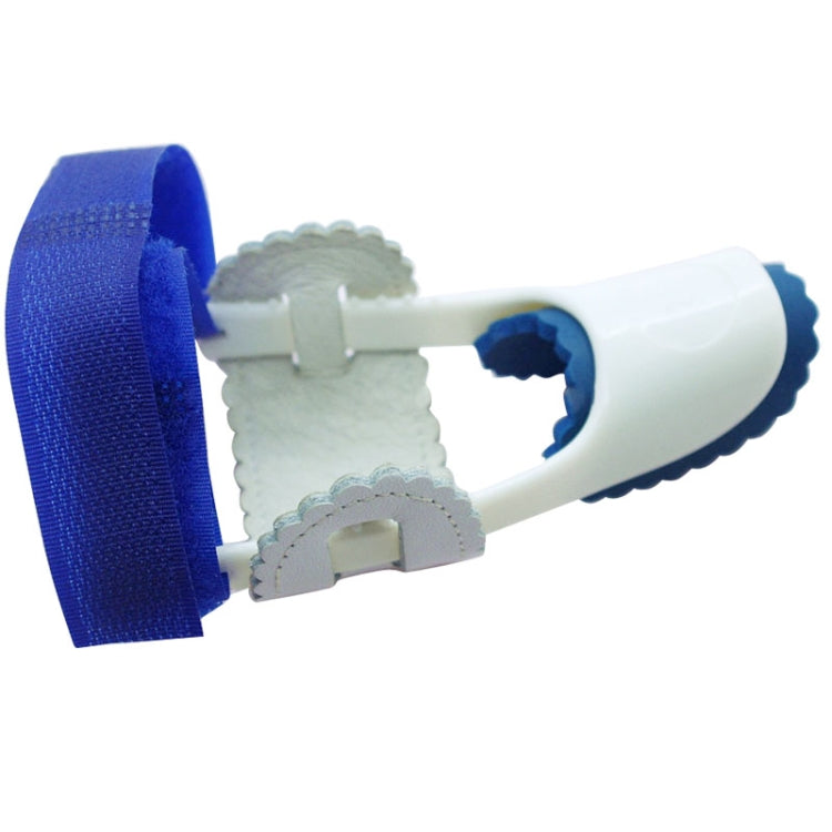 Blue night bunion splint straightener with white base and toe cradle, close-up