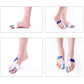 Night bunion splints shown on feet from multiple angles, blue straps