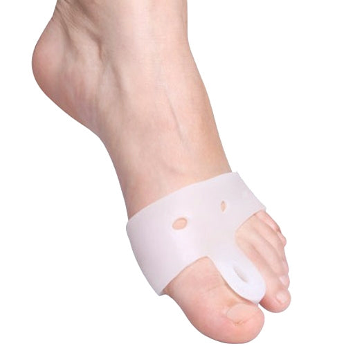 White hallux valgus toe brace around the big toe area, side view